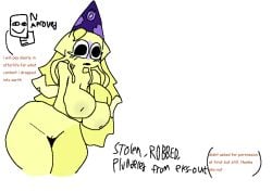 1girls blush boobs breasts crying_with_eyes_open female female_only first_porn_of_character hat holding_breasts humanoid mondo_squid party_hat pilgrammed roblox roblox_game sad squid stolen tagme tentacle thick_thighs traced_art yellow_body