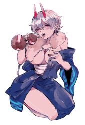 8cco big_breasts black_nails blush canon_genderswap cleavage demon_girl demon_horns drink drinking fangs female female_only full_body fur_collar genderswap_(mtf) ginko_sakata gintama gintoki_sakata hadanugi_dousa horns japanese_clothes kimono nail_polish necklace no_bra off_shoulder official_alternate_costume oni oni_horns open_mouth red_eyes rule_63 sarashi short_hair silver_hair solo tongue_out very_short_hair white_hair youkai