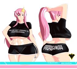 ass breasts bubble_butt dat_ass erect_nipples erect_nipples_under_clothes gundam gundam_seed gundam_seed_destiny huge_breasts jet_doodling large_breasts meer_campbell propaganda_shirt_and_booty_shorts tight_clothing venus_body voluptuous wide_hips