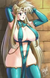 1girls blonde_hair danmakuman elf elf_ears green_eyes huge_breasts loincloth long_gloves long_hair original original_character pointy_ears revealing_clothes thighhighs voluptuous