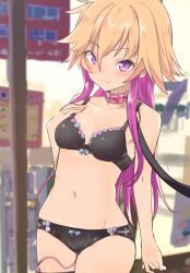 1girls black_bra black_lingerie black_panties blonde_hair bondage bow_bra bow_panties bra breasts buildings caburi_aki collar hand_on_chest idolmaster idolmaster_cinderella_girls leash lingerie long_hair looking_at_viewer medium_breasts midriff multicolored_hair navel ninomiya_asuka outside panties pink_collar purple_eyes purple_hair slave storefront thighhighs vibrator vibrator_in_thighhighs vibrator_under_panties viewer_holding_leash