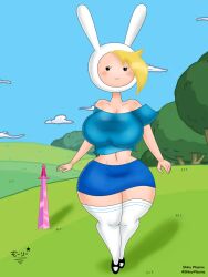 1girls 2023 adventure_time bedroom_eyes big_breasts blonde_hair blue_shirt blue_shorts breasts cartoon_network clothed clothing diamond_sword female female_only fionna_the_human_girl human looking_at_viewer mob_face shirt shoes shorts smile solo stockings superstarplasma sword white_stockings