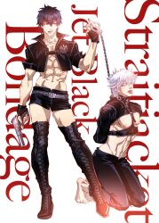 2boys abs alternate_costume amitai_yonah arms_behind_back barefoot bdsm_gear black_hair black_legwear bondage bondage boots chains cigarette fingerless_gloves full_body gintama gintoki_sakata gloves gun handcuffs harness hijikata_toshiro kneeling leather leather_clothing leather_jacket looking_at_viewer male male_only open_mouth police_officer police_uniform popped_collar short_shorts shorts shrug_(clothing) smoking standing text thigh_boots toned toned_male tongue_out white_hair yaoi