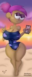 2023 beach bedroom_eyes big_breasts breasts cartoon_network dawn devil_sign enid enid_(ok_k.o.!_lbh) female female_only looking_at_viewer ok_k.o.!_let's_be_heroes phone pink_hair pussy pussy_visible_through_clothes solo superstarplasma swimwear