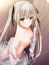 ass ass_cleavage barefoot bikini black_ribbon bra breasts butt_crack cleavage collarbone dripping eyes_visible_through_hair female fingernails grey_hair hair_ribbon highres holding holding_bra holding_clothes holding_underwear kasugano_sora light_blush long_hair looking_at_viewer nipples nyabe partially_undressed ribbon shower_head showering sidelocks small_breasts smile solo sparkle swimsuit twintails underwear undressing water_drop wet white_bikini wooden_wall yellow_eyes yosuga_no_sora