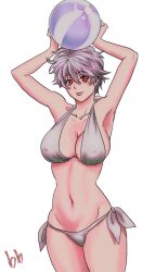 alternate_costume arms_up beachball big_breasts bikini cleavage female female_only genderswap_(mtf) gintama gintoki_sakata hourglass_figure looking_at_viewer messy_hair nipple_bulge red_eyes robi_(robinson) rule_63 short_hair side-tie_bikini sideboob smile solo swimsuit very_short_hair white_bikini white_hair wide_hips