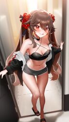 1girls badamon blushing breasts brown_hair choker feet female female_only genshin_impact hi_res hu_tao_(genshin_impact) inviting jacket licking_lips light-skinned_female light_skin looking_at_viewer midriff open_door petite red_eyes shorts skimpy skimpy_clothes teasing twintails