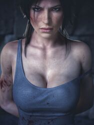 1girls 3d angry angry_face big_breasts blood blood_on_clothing bound bound_wrists breasts brown_eyes brown_hair captured captured_heroine cleavage clothed death_glare defiant dick_sucking_lips elisanetishar female female_focus female_only frown glaring hands_behind_back implied_restraints lara_croft lara_croft_(survivor) large_breasts looking_at_viewer no_bra no_bra_under_clothes off_shoulder ponytail solo solo_female stare tank_top thick_lips tomb_raider tomb_raider_(survivor)