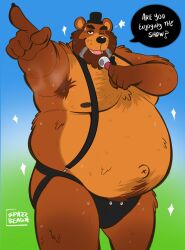 anthro armpit_hair bear beard belly belly_tuft big_belly black_clothing black_jockstrap black_underwear bodily_fluids body_hair brown_body brown_fur chest_hair clothed clothing dialogue eyebrows facial_hair fingers five_nights_at_freddy's fnaf freddy_(fnaf) fur furry grey_hair hair hat headgear headwear hi_res jockstrap jockstrap_only looking_at_viewer male male_only mammal mature_male microphone moobs multicolored_body multicolored_fur musk navel obese obese_anthro obese_male one_eye_closed overweight overweight_anthro overweight_male shoulder_tuft signature simple_background solo spazz_bear star sweat sweaty_arms sweaty_belly sweaty_face sweaty_legs sweaty_thighs talking_to_viewer teeth thick_eyebrows top_hat topless tuft two_tone_body two_tone_fur underwear underwear_only