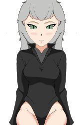 anuvisur_(artist) blush breasts dress green_eyes grey_hair hair hands_behind_back happy no_panties no_underwear one-punch_man simple_background sitting smaller_female suggestive_pose tatsumaki_(cosplay) white_background white_body wide_hips