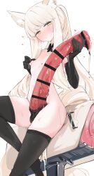 1futa animal_ear_fluff animal_ears animal_genitalia animal_penis areolae arknights bar_censor black_gloves black_thighhighs blonde_hair blush breeding_mount censored cum elbow_gloves erection futa_only futa_sans_balls futanari gigantic_penis gloves half-closed_eyes heart heart-shaped_pupils highres horse_ears horse_girl horse_penis horse_tail horsecock huge_cock humanoid light-skinned_futanari light_skin long_hair looking_at_viewer mikozin navel nipple_tweak nipples nude parted_lips penis platinum_(arknights) simple_background small_breasts solo symbol-shaped_pupils tail thighhighs very_long_hair white_background yellow_eyes