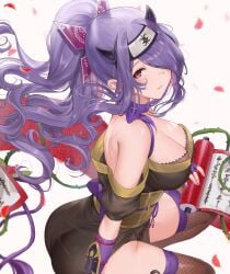 armor ass breasts camilla_(fire_emblem) camilla_(ninja)_(fire_emblem) choker cleavage female fire_emblem fire_emblem_fates fire_emblem_heroes fishnet_top fishnets haru_(nakajou-28) headband highres large_breasts long_hair ninja official_alternate_costume official_alternate_hairstyle scroll shuriken_hair_ornament thighhighs thighs very_long_hair