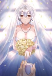 1girls alternate_costume big_breasts blush bouquet bridal_veil bride canon_genderswap cleavage female female_focus genderswap_(mtf) ginko_sakata gintama gintoki_sakata hariharima_200 looking_at_viewer necklace pov red_eyes rule_63 short_hair silver_hair smile very_short_hair wedding wedding_dress wholesome