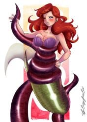 1girls ariel blue_eyes breasts cute disney disney_princess femsub looking_at_viewer lufidelis mermaid mermaid_tail red_hair shell_bikini tagme tentacle the_little_mermaid