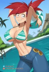 1girls abs adorable armpits arms_behind_back arms_up barleyshake beach_ball belly big_breasts bikini bikini_top breasts cleavage cute female female_only foster's_home_for_imaginary_friends frankie_foster island jeans large_breasts nami nami_(one_piece)_(cosplay) one_piece outdoors ponytail pool post-timeskip red_hair small_waist solo striped_bikini