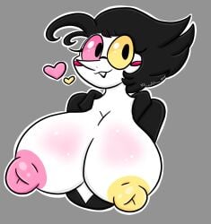 big_breasts black_hair black_pupils breasts clothed clothing darkner deltarune female hair heterochromia hi_res humanoid lewdchuu_(artist) living_puppet machine nipples pink_eyes pink_nipples pupils robot rule_63 solo spamton_g._spamton spamton_g_spamton undertale_(series) white_body yellow_eyes yellow_nipples