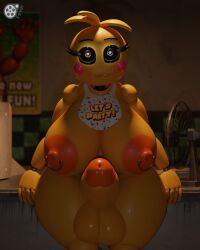 <3_eyes 2023 3d 3d_(artwork) 4:5 absurd_res animatronic anthro areola avian balls beakless bedroom_eyes bib big_breasts big_penis bird blush blush_stickers breasts chicken digital_media_(artwork) english_text feversfm fingers five_nights_at_freddy's five_nights_at_freddy's_2 futanari galliform gallus_(genus) genitals gynomorph heart hi_res intersex intersex_only looking_at_viewer lovetaste_chica machine navel nipple_piercing nipple_ring nipples nude orange_areola orange_nipples penis phasianid piercing ring_piercing robot runaboo_chica scottgames solo taker_pov text toy_chica_(fnaf) toy_chica_(love_taste) yellow_body