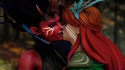 2girls 3d black_hair desess3intes dota_2 female female_only horns kissing lesbian_kiss queen_of_pain red_hair red_skin succubus windranger yuri