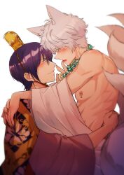 2boys bead_necklace blush chinese_clothes eye_contact feige's_violent_words fox_boy fox_ears fox_tail gintama gintoki_sakata gold_(metal) headgear headwear kemonomimi kimono kitsune kyuubi male male_only necklace nipple_piercing nipple_rings official_alternate_costume profile purple_hair sharp_fingernails smile takasugi_shinsuke toned toned_male white_hair yaoi youkai