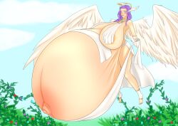 blue_eyes damia_(seeds_of_destiny) flying goddess hyper_breasts hyper_pregnancy lemon_lillia_lui pregnant purple_hair seeds_of_destiny_(preggopixels) wide_hips wings