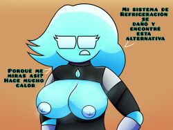 big_breasts big_nipples cian_skin eda_(kingfogkf) elemental_creature nipples robot_girl robotic spanish_text white_eyes