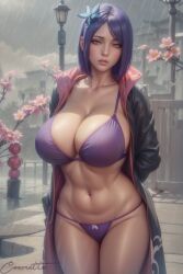 1girls abs ai_generated akatsuki_(naruto) almost_naked arms_behind_back barely_clothed big_breasts blue_hair bob_cut bra breasts breasts_bigger_than_head busty cleavage cloak coomette female female_focus female_only flower flower_in_hair flowers hair_ornament highres huge_breasts konan legs_together midriff mostly_nude naruto naruto_(series) naruto_shippuden open_clothes orange_eyes outdoors pinup raining solo solo_female solo_focus toned toned_female top_heavy tree underwear voluptuous water_drop