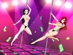 2girls bikini_bottom black_hair blank_eyes blue_eyes brown_eyes crossover dancer dancing erza_scarlet fairy_tail female female_only high_heels jimryu large_breasts long_hair long_legs mind_control money nico_robin one_piece red_hair stripper stripper_pole tattoo topless voluptuous