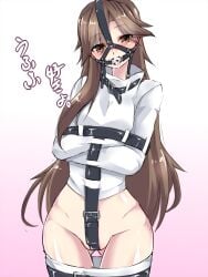 1girls arashio_(kantai_collection) ball_gag breasts brown_hair crotch_strap gag gagged harness_ball_gag kantai_collection long_hair looking_at_viewer maron_(kagamikunn) medium_breasts straitjacket strap strapped yellow_eyes