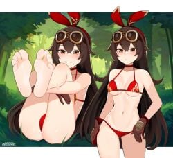 1girls amber_(genshin_impact) barefoot bikini blush brown_eyes brown_hair feet foot_fetish genshin_impact gloves goggles hair_ornament long_hair looking_at_viewer partially_clothed presenting rezodwel ribbon smile solo standing tagme