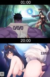 1boy 1girls ahri ai_assisted ai_generated animal_ears ass bare_shoulders big_penis black_hair blush breasts cleavage crextcomic cum cum_in_pussy cum_inside defeated detached_sleeves doggy_style embarrassed energy_ball erection female fox_ears fox_tail hanging_breasts humiliation instant_loss_2koma korean_clothes large_breasts league_of_legends long_hair looking_back male multiple_tails mundo_(league_of_legends) nipples penetration penis pussy qr_code sex sex_from_behind tail vastaya whisker_markings yellow_eyes