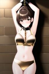 1girls ai_generated alluring brown_hair castle chains dungeon flint_goldtsuiker gold_bikini kikai_sentai_zenkaiger ponytail super_sentai zengai