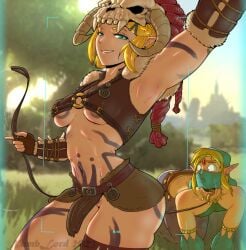 1boy 1girls abs all_fours arched_back armor armpit belly blonde_hair blue_eyes bodypaint bra braids breath_of_the_wild camera camera_view embarrassed femboy femdom fingerless_gloves gerudo_link grass_field green_eyes helmet hylian hylian_ears leash leather link_(breath_of_the_wild) loincloth looking_at_ass looking_at_viewer male/female malesub nintendo numblord princess_zelda selfie skirt skull smile stocking stretching tears_of_the_kingdom the_legend_of_zelda thick_thighs underboob zelda_(tears_of_the_kingdom)