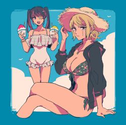 2girls 8cco alternate_costume big_breasts bikini black_hair blonde_hair cleavage eye_patch facial_scar female female_only food gintama hoodie one-piece_swimsuit open_hoodie purple_eyes sitting slushee smile sun_hat swimsuit thigh_gap tied_hair tsukuyo twintails white_swimsuit wholesome yagyuu_kyuubei