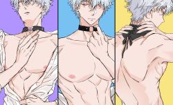 bare_chest big_pecs blue_background choker feige's_violent_words gintama gintoki_sakata hair_over_one_eye looking_back male male_only multiple_images open_shirt pecs purple_background red_eyes solo toned toned_male topless topless_male upper_body white_hair yellow_background