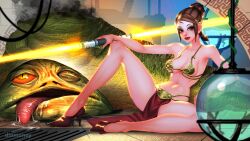 bastila_shan belly_dancer belly_dancer_outfit brown_eyes brown_hair cleavage decapitation dinmoney double_bladed_lightsaber gore harem_girl harem_outfit hourglass_figure hutt jabba_the_hutt large_breasts loincloth looking_at_viewer slave_bikini slave_leia_(cosplay) slave_outfit slavegirl star_wars