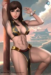 1girls abs alternate_costume alternate_hairstyle asian asian_female athletic_female belly_dancer belly_dancer_outfit black_hair brown_eyes chun-li chun-li_(battle_ouffit_sfv) cleavage evandromenezes female female_only fit_female fully_clothed harem_girl harem_outfit large_breasts loincloth long_hair solo street_fighter street_fighter_v sweat thick_thighs voluptuous