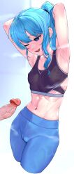 :d ;d absurdres armpits arms_behind_head blue_eyes blue_hair blush breasts covered_nipples english_commentary erection female grin highres hololive hoshimachi_suisei navel one_eye_closed pants penis penis_awe ponytail rat_huang small_breasts smile sports_bra sweat teeth uncensored virtual_youtuber yoga_pants