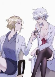 2girls black_legwear black_thighhighs blonde_hair canon_genderswap cigarette class_3-z cleavage crossed_legs feige's_violent_words female female_only fully_clothed garter_straps genderswap_(mtf) ginko_sakata gintama gintoki_sakata hairclip labcoat lighter lipstick nylons official_alternate_costume pale-skinned_female pale_skin pencil_skirt purple_eyes red_eyes rule_63 short_hair silver_hair sitting smoking stockings teacher teachers thighhighs tied_hair tsukuyo very_short_hair white_hair