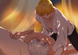 2boys alternate_costume bishonen blonde_hair blouse clothed_male_nude_male curtains fangs feige's_violent_words gay gintama gintoki_sakata imminent_sex kintoki_sakata looking_at_another looking_down male male_only nude_male on_back on_bed pointy_ears vampire white_hair yaoi