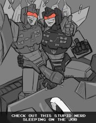 2boys asianpie black_and_white brothers caption decepticon dripping_cum duo_focus fangs frenzy_(transformers) male male_only mecha metal_penis middle_finger penis_out prank red_eyes robot rumble_(transformers) selfie sleep_molestation sleeping swordfighting thick_penis tongue_out top_heavy_penis transformers transformers_g1 visor wings yaoi