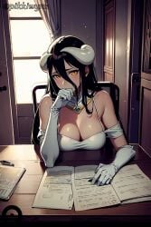 ai_generated albedo_(overlord) bare_shoulders black_hair blush breasts chair cleavage demon demon_girl demon_horns desk detached_collar documents dress elbow_gloves female gloves hair_between_eyes horns indoors large_breasts long_hair looking_at_viewer overlord_(maruyama) pikkiwynn sitting slit_pupils solo succubus white_dress white_gloves window yellow_eyes