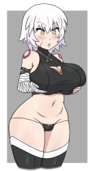 1girls alternate_version_available big_breasts blush bottomwear breasts fate_(series) female female_only green_eyes hair hands_on_breasts hips huge_breasts jack_the_ripper_(fate/apocrypha) legwear light-skinned_female light_skin short_hair solo thick_thighs thighs topwear white_hair winzaku_(asakura)