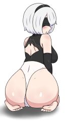 1girls alternate_version_available ass ass_focus back back_view big_ass black_blindfold blindfold breasts clothing dat_ass feet female female_only hair huge_ass leotard looking_back nier nier:_automata nier_(series) short_hair sideboob solo solo_female white_hair winzaku_(asakura) yorha_2b