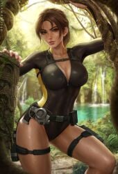 1girls abs alternate_version_available athletic athletic_female bangs belt big_breasts bodysuit breasts brown_eyes brown_hair cleavage clothed clothed_female collarbone deep_cleavage detailed_background female female_only fit fit_female full_lips gun hair hartman_hips holster lara_croft lara_croft_(l.a.u.) large_breasts light-skinned_female light_skin long_hair looking_at_viewer one-piece_swimsuit outdoors outside parted_bangs plant ponytail posing sciamano240 seductive shiny_clothes shiny_skin slim_waist smile smiling smiling_at_viewer solo solo_female sweat swimsuit thick_thighs thigh_holster thigh_strap tomb_raider tomb_raider_(l.a.u.) unzipped unzipped_bodysuit vines waterfall wet wet_clothes wet_skin wetsuit wide_hips