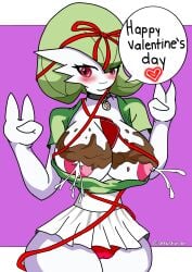 big_breasts breasts chocolate chocolate_on_breasts dialogue female_gardevoir gardevoir green_hair lactating lactation meztli nipples panties pokémon_(species) pokemon pokemon_(species) pokemon_rse red_eyes sekushimon skirt thighs valentine's_day