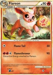 2023 animal_genitalia animal_pussy aztepyeen bodily_fluids canine_genitalia canine_pussy card card_(medium) eeveelution english_text female feral flareon fur generation_1_pokemon genital_fluids genitals grass hair nintendo paws plant pokemon pokemon_(species) pokemon_card pokemon_tcg pussy pussy_juice red_body red_fur solo tail text trading_card white_body white_fur white_hair white_tail