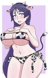 1girls big_breasts bikini bikini_bottom bikini_top breasts cleavage cow_ears cow_horns cow_print cow_print_bikini cow_tail fake_animal_ears fake_tail fate/grand_order fate_(series) female female_only hair huge_breasts light-skinned_female light_skin long_hair mature mature_female mature_woman milf minamoto_no_raikou_(fate/grand_order) purple_eyes purple_hair solo swimwear tail thick_thighs thighs winzaku_(asakura)