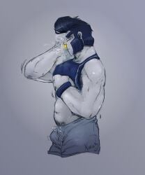 balls bara black_hair blush brawl_stars bulge bull_(brawl_stars) closed_eyes flaccid male male_only muscles muscular nose_ring nsfw_doggo penis pompadour sideburns solo solo_male supercell sweaty towel unexpected404