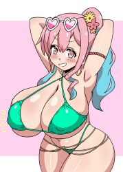 1girls alternate_version_available armpits big_breasts bikini bikini_bottom bikini_top blush breasts cleavage earrings female female_only flower flower_in_hair green_bikini gyaru hair hands_behind_head hips hoop_earrings hozuki_kaede huge_breasts large_breasts onii-chan_wa_oshimai! pink_hair ponytail solo solo_female sunglasses sunglasses_on_head swimwear two_tone_hair winzaku_(asakura)