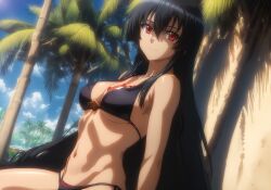 1girls ai_generated akame_(akame_ga_kill!) akame_ga_kill! alluring beach big_breasts bikini black_hair cleavage joker_(artist) long_hair red_eyes sitting